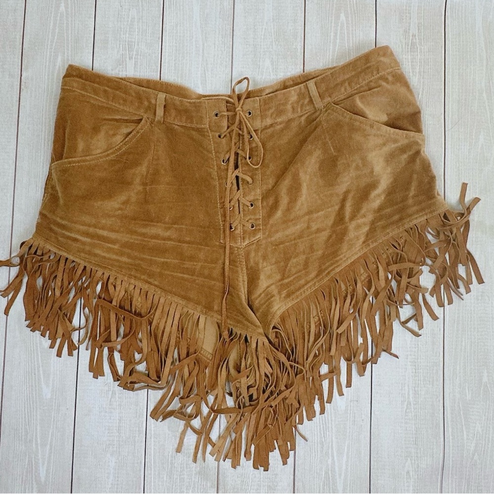 Chasing Unicorns Fringe Velvet Lace Up Shorts Large